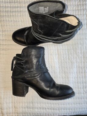 Freebird by Steven Black Leather Casey Ankle Boots with Wrap Strap